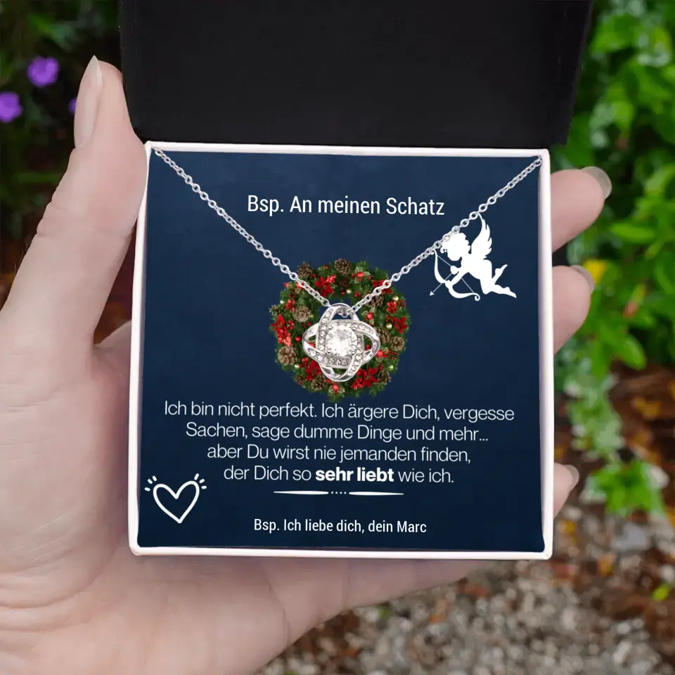 Liebesknoten Halskette "3 Sprüche" - 14K Weißgold/18K Gelbgold über Edelstahl
