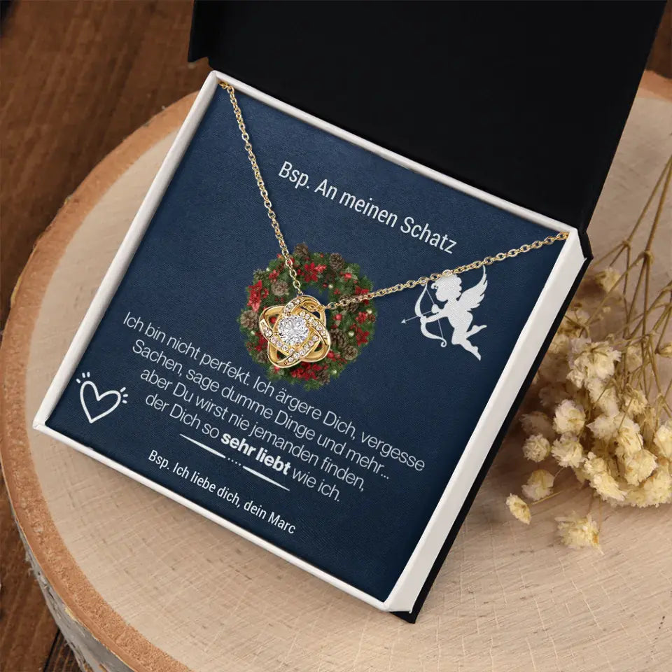 Liebesknoten Halskette "3 Sprüche" - 14K Weißgold/18K Gelbgold über Edelstahl