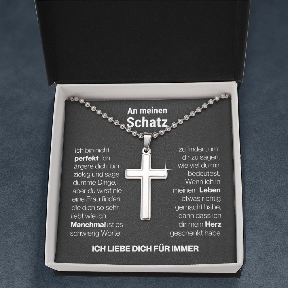 Schatz "Manchmal" Cross-Chain - 14K Weißgold über Edelstahl - Charcoal Grau - Liebesjuwel