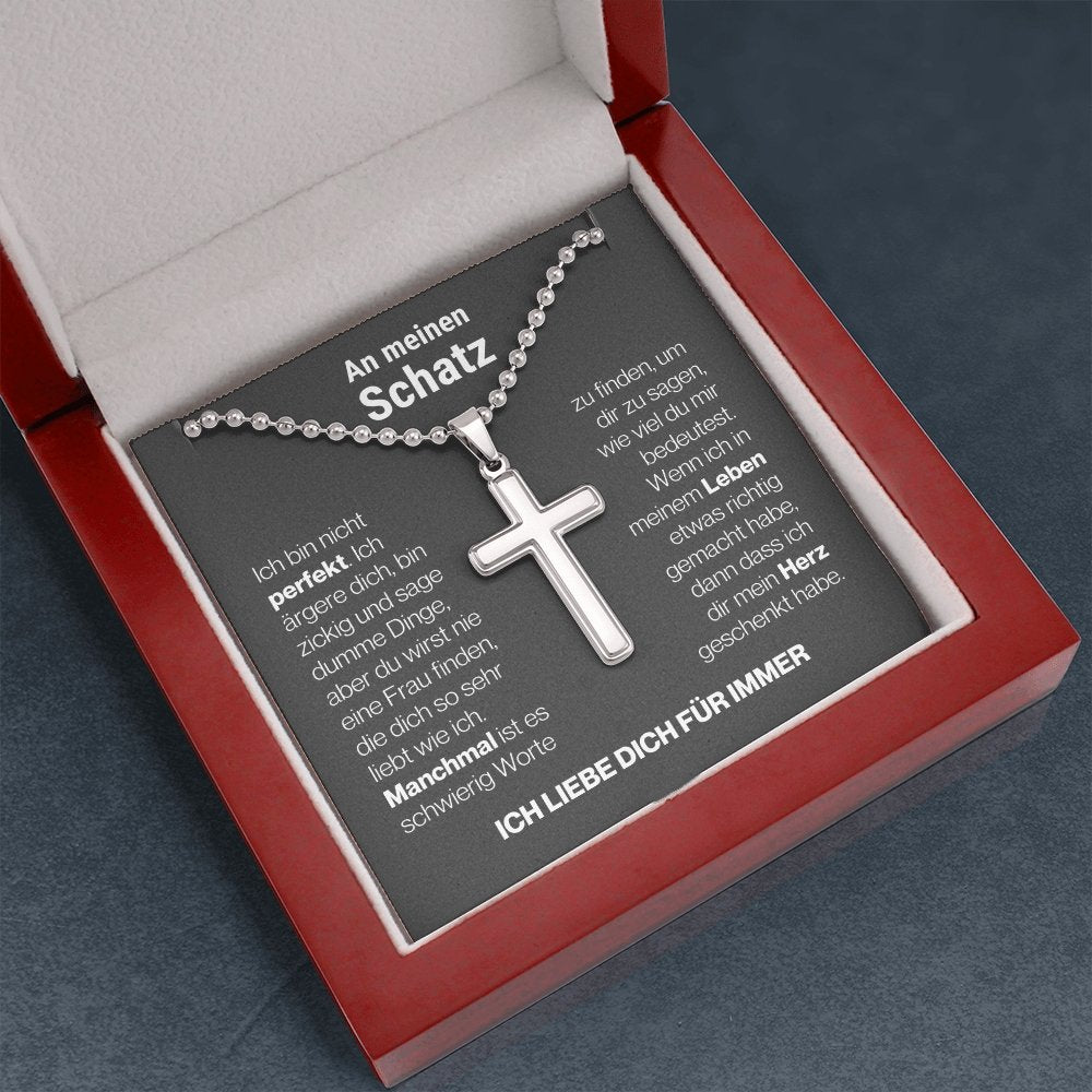 Schatz "Manchmal" Cross-Chain - 14K Weißgold über Edelstahl - Charcoal Grau - Liebesjuwel