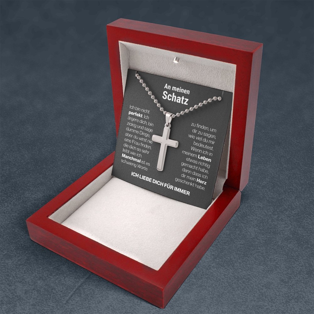 Schatz "Manchmal" Cross-Chain - 14K Weißgold über Edelstahl - Charcoal Grau - Liebesjuwel