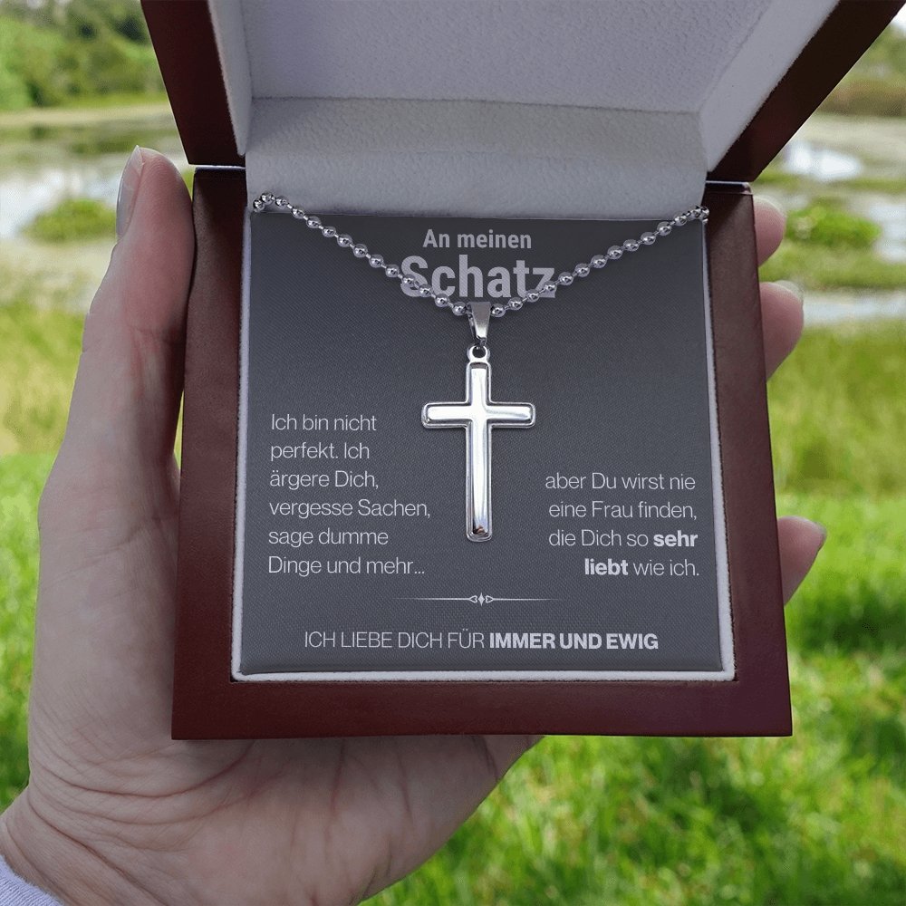 Schatz "Perfekt" Cross-Chain - 14K Weißgold über Edelstahl - Charcoal Grau - Liebesjuwel
