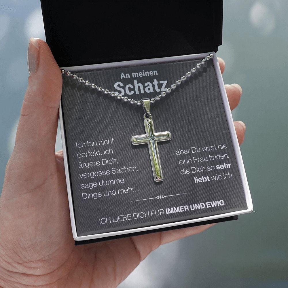 Schatz "Perfekt" Cross-Chain - 14K Weißgold über Edelstahl - Charcoal Grau - Liebesjuwel