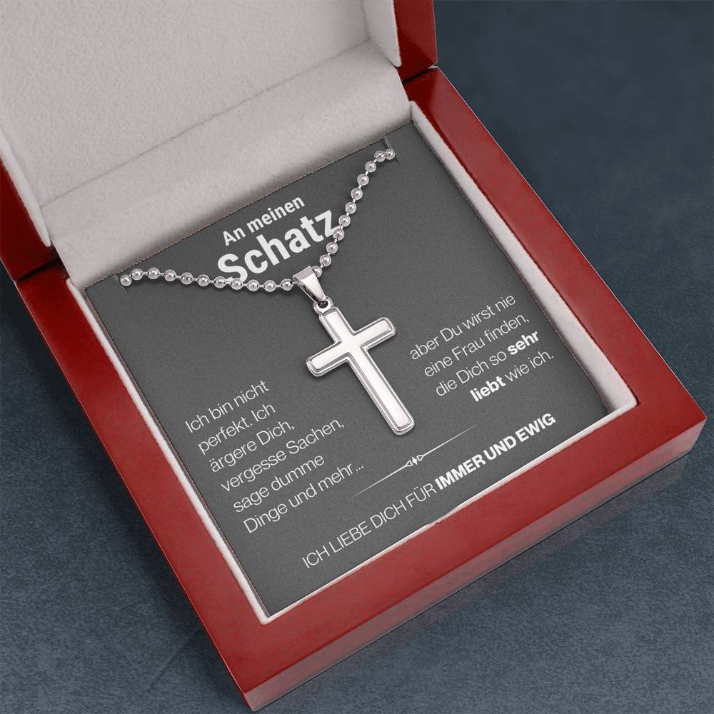 Schatz "Perfekt" Cross-Chain - 14K Weißgold über Edelstahl - Charcoal Grau - Liebesjuwel