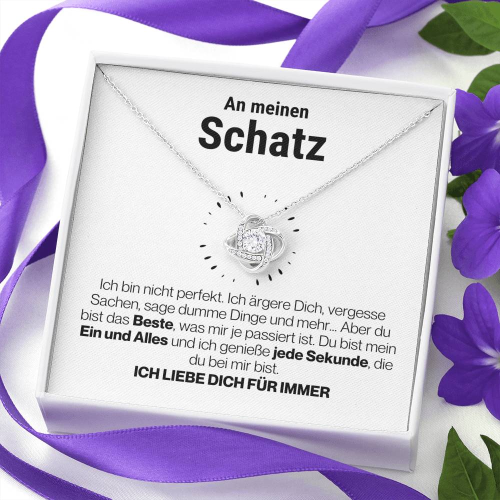 Schatz "Perfekt" Halskette - 14K Weißgold über Edelstahl - Liebesknoten Perlweiß - Liebesjuwel