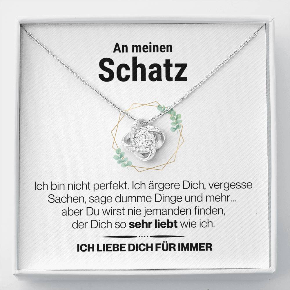 Schatz "Perfekt" Halskette - 14K Weißgold über Edelstahl - Liebesknoten Perlweiß - Liebesjuwel