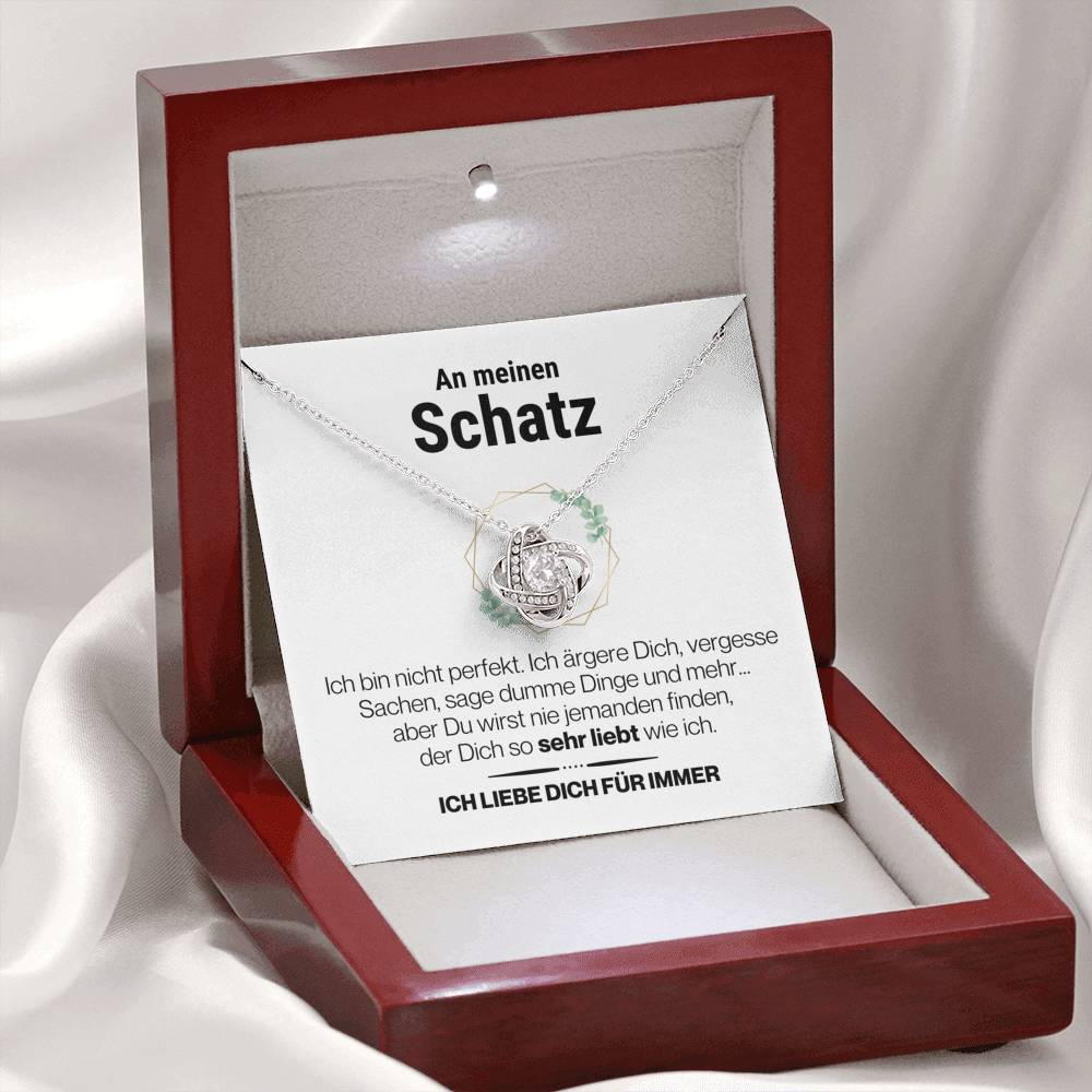 Schatz "Perfekt" Halskette - 14K Weißgold über Edelstahl - Liebesknoten Perlweiß - Liebesjuwel