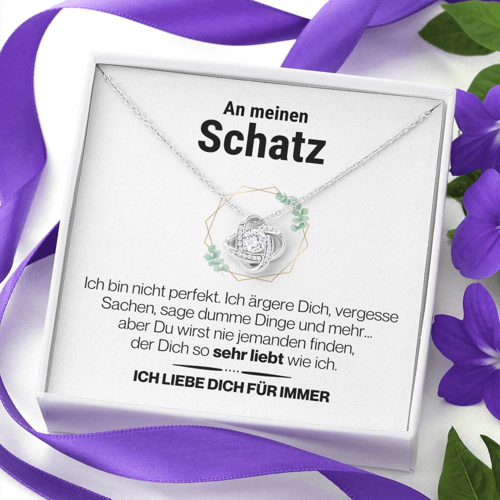 Schatz "Perfekt" Halskette - 14K Weißgold über Edelstahl - Liebesknoten Perlweiß - Liebesjuwel