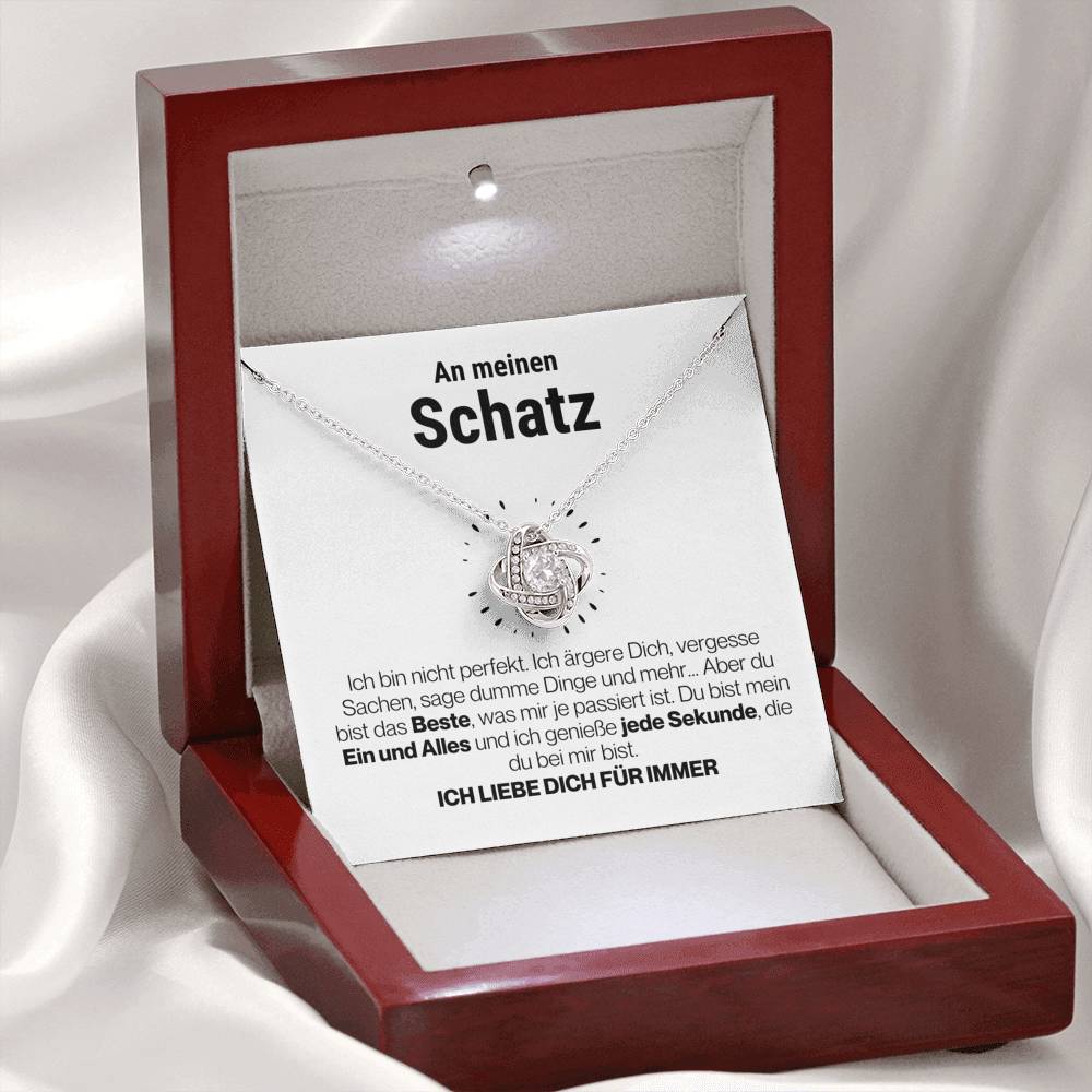 Schatz "Perfekt" Halskette - 14K Weißgold über Edelstahl - Liebesknoten Perlweiß - Liebesjuwel