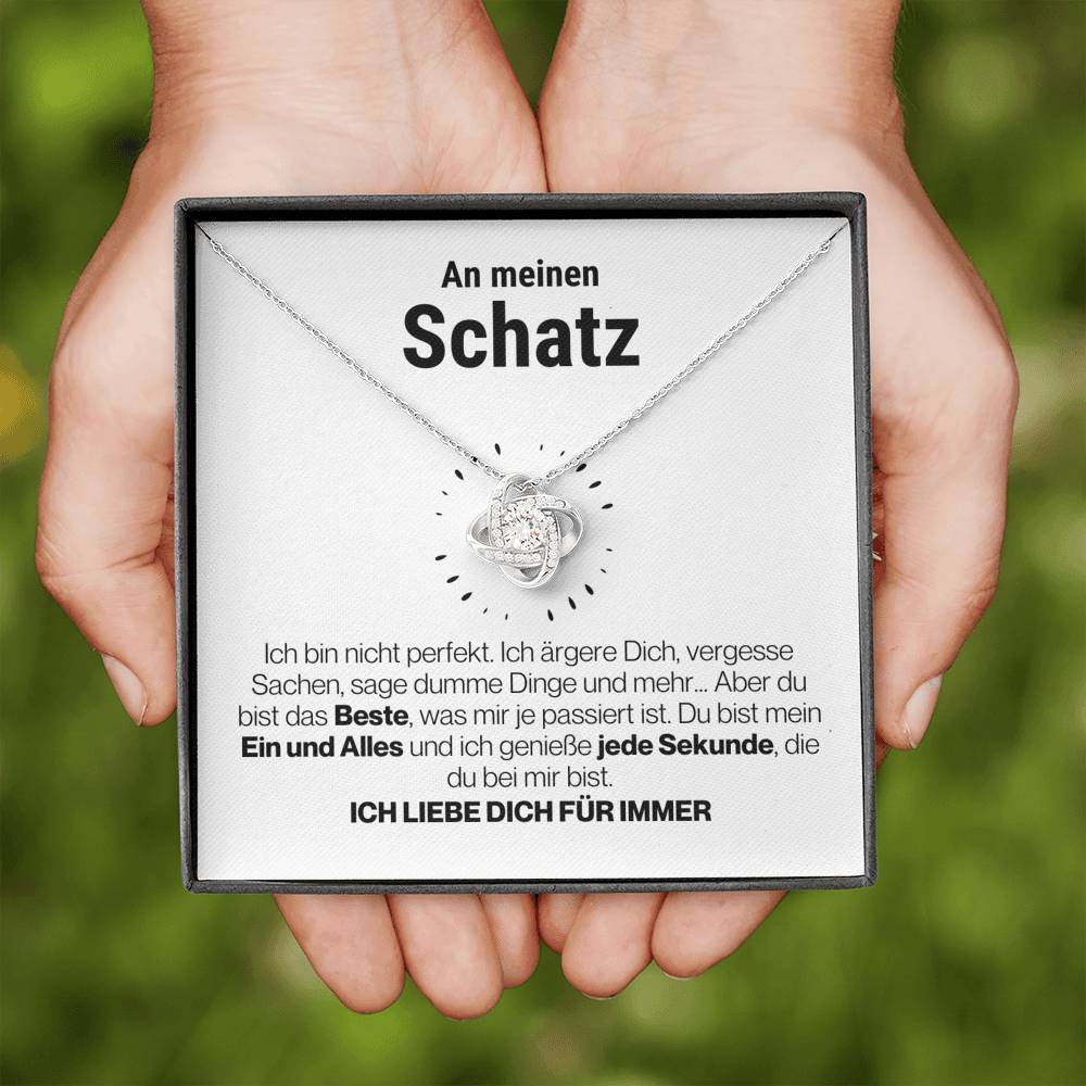 Schatz "Perfekt" Halskette - 14K Weißgold über Edelstahl - Liebesknoten Perlweiß - Liebesjuwel