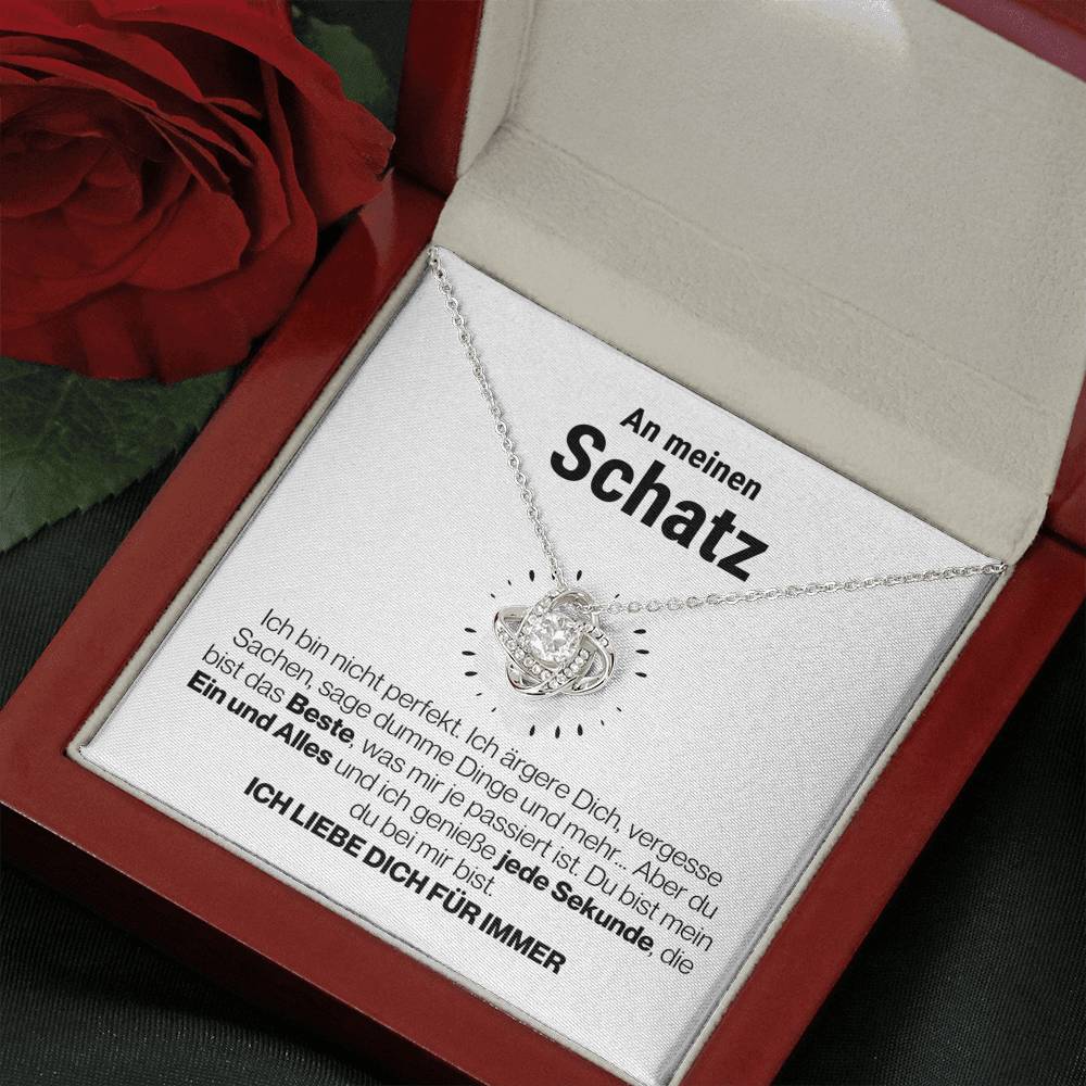Schatz "Perfekt" Halskette - 14K Weißgold über Edelstahl - Liebesknoten Perlweiß - Liebesjuwel