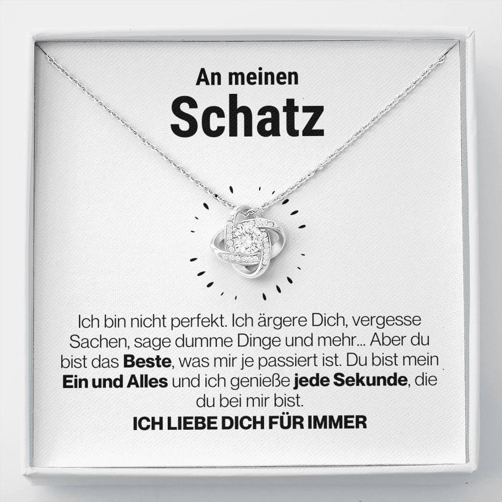 Schatz "Perfekt" Halskette - 14K Weißgold über Edelstahl - Liebesknoten Perlweiß - Liebesjuwel