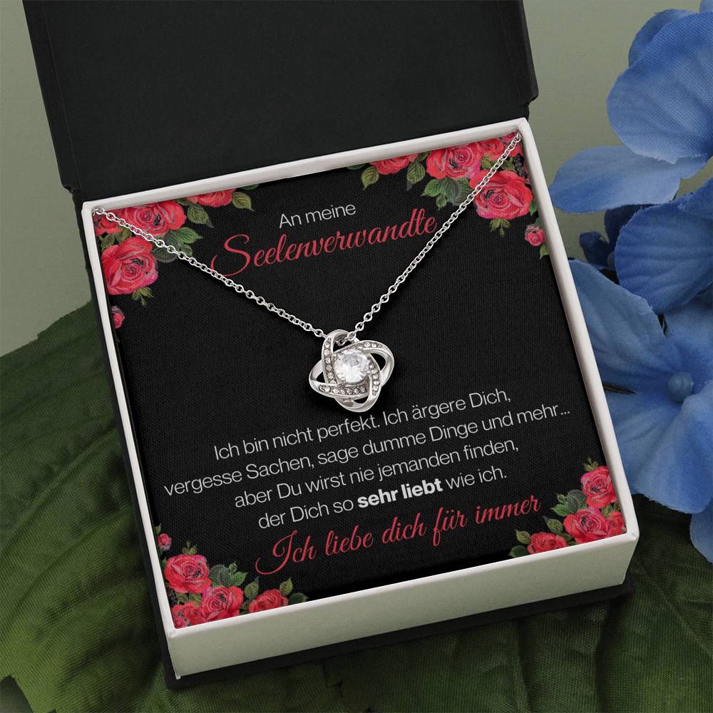 Seelenverwandte "Perfekt" Halskette - 14K Weißgold über Edelstahl - Liebesknoten Rote Rosen - Liebesjuwel