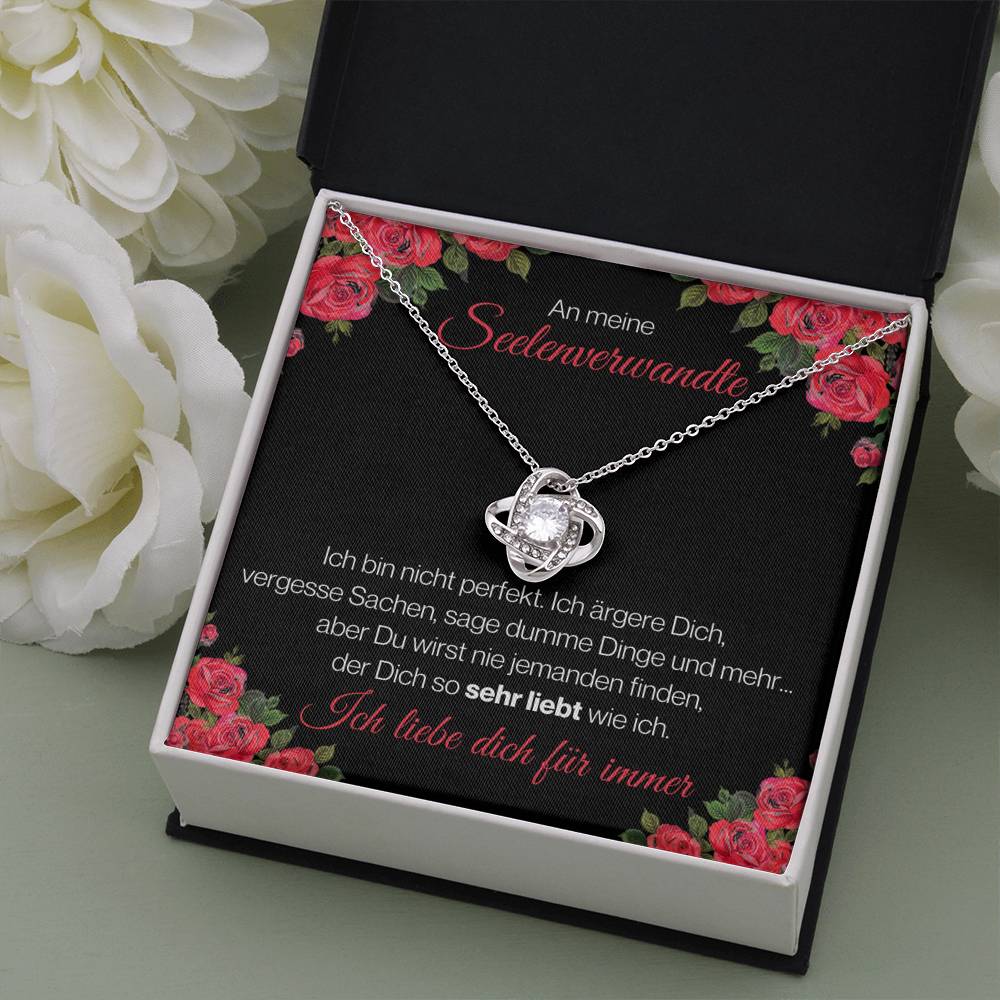 Seelenverwandte "Perfekt" Halskette - 14K Weißgold über Edelstahl - Liebesknoten Rote Rosen - Liebesjuwel