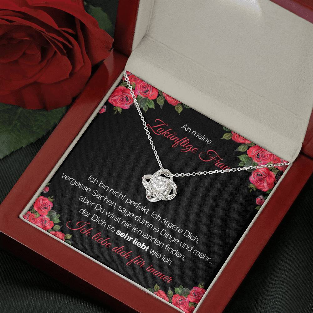 Zukünftige Frau "Perfekt" Halskette - 14K Weißgold über Edelstahl - Liebesknoten Rote Rosen - Liebesjuwel
