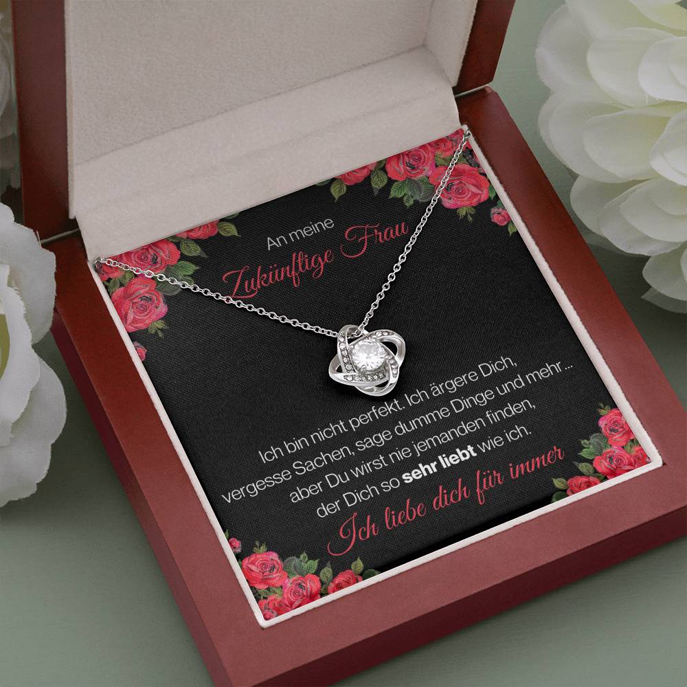 Zukünftige Frau "Perfekt" Halskette - 14K Weißgold über Edelstahl - Liebesknoten Rote Rosen - Liebesjuwel