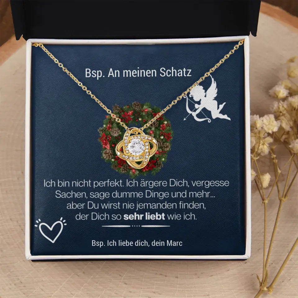 Liebesknoten Halskette "3 Sprüche" - 14K Weißgold/18K Gelbgold über Edelstahl