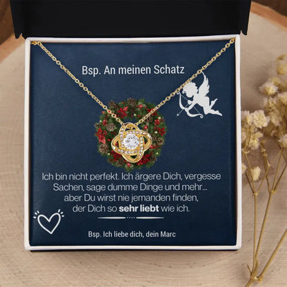 Liebesknoten Halskette "3 Sprüche" - 14K Weißgold/18K Gelbgold über Edelstahl