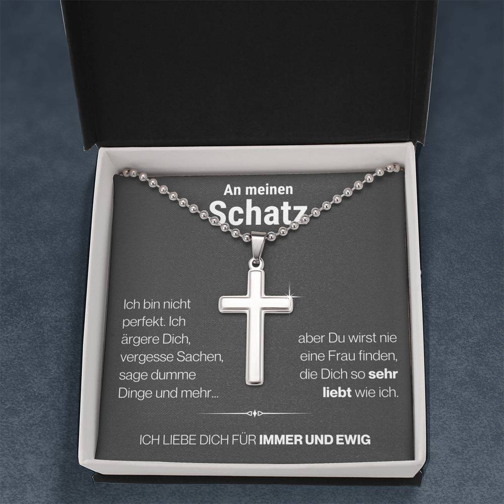 Schatz "Perfekt" Cross-Chain - 14K Weißgold über Edelstahl - Charcoal Grau - Liebesjuwel