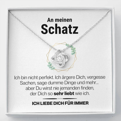 Schatz "Perfekt" Halskette - 14K Weißgold über Edelstahl - Liebesknoten Perlweiß - Liebesjuwel