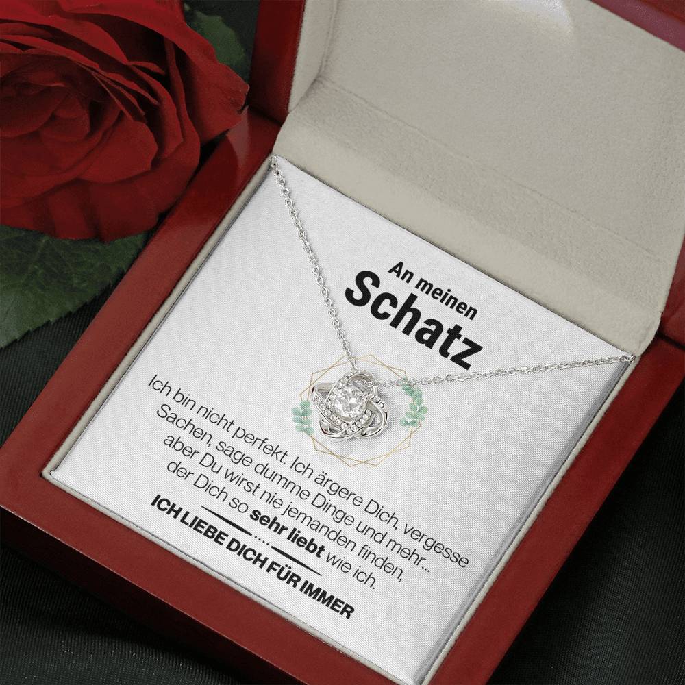 Schatz "Perfekt" Halskette - 14K Weißgold über Edelstahl - Liebesknoten Perlweiß - Liebesjuwel