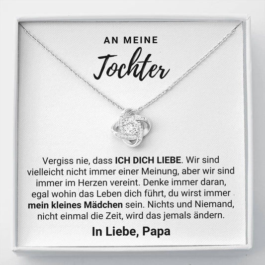 Tochter "im Herzen" Halskette - 14K Weißgold über Edelstahl - Liebesknoten in Perlweiß - Liebesjuwel