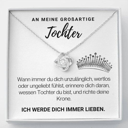 Tochter "Krone" Halskette - 14K Weißgold über Edelstahl - Liebesknoten in Perlweiß - Liebesjuwel